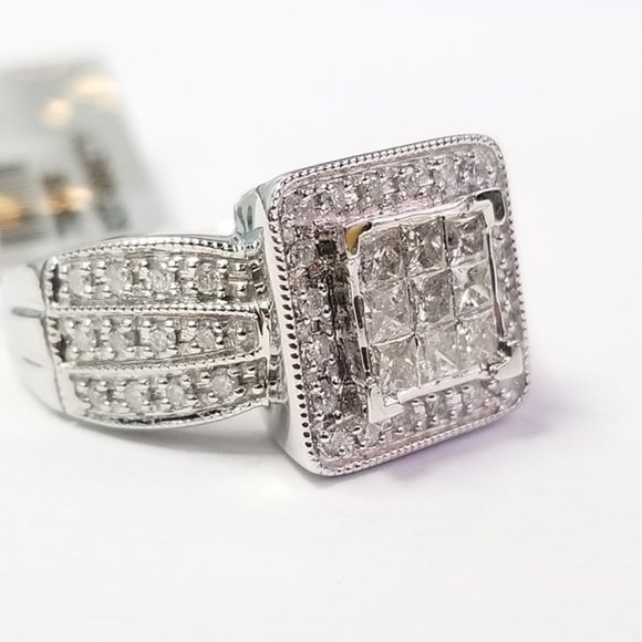 14K White Gold 1 Ct Diamond Wedding Ring Ladies Engagement Princess Halo Set